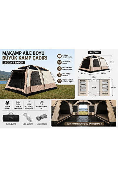 MAKAMP Aile Boyu Büyük Kamp Çadırı 2 Oda 1 Salon