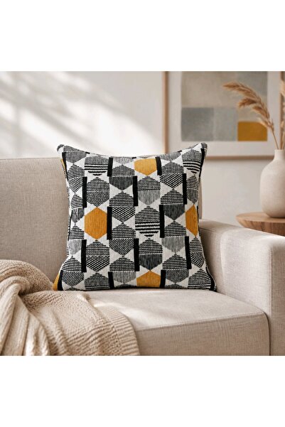 NisanurTerzi Hardal Siyah Geometrik Desenli Dekoratif Kırlent Kılıfı Modern T...