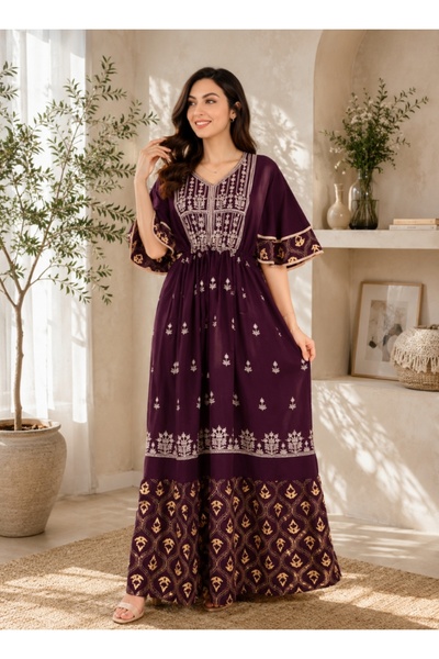 amaan Women Embroidered Jalabiya Dress, Rayon Fabric, Modern Arabic Design,be...
