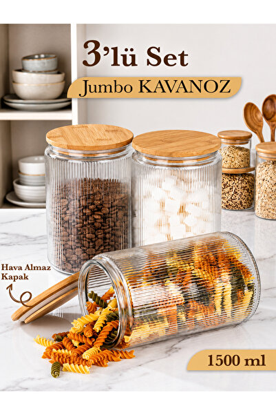 mafa home Set of 3 Striped Easy-To-Clean Wide-Mouth Glass Storage Jars for Le...
