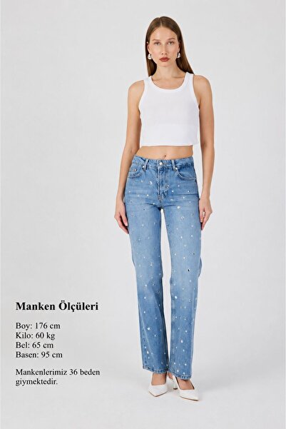 Ucajean Kadın Açık Mavi Taş Detaylı Yüksek Bel Straight Fit Jean Pantolon