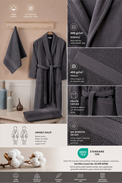 Ellaline Bathrobe Set 100% Cotton Certified Shalyaka Bathrobe Head Towel Set 2 Pieces Anthracite