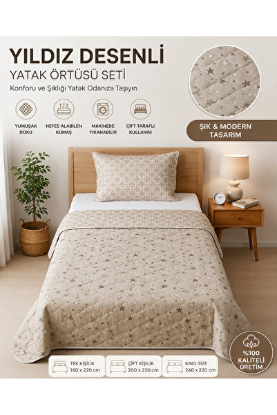 GOOD MORNİNG PAMUKKALE BEJ YILDIZ & ZİNCİR ÇİFT TARAFLI TEK KİŞİLİK KAPİTONE ...