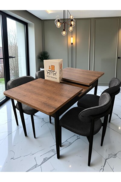 MSY HOME 4 Kişilik Lina Antrasit Kumaş 80*130 Antik Çam Açılır Masa Sandalye ...