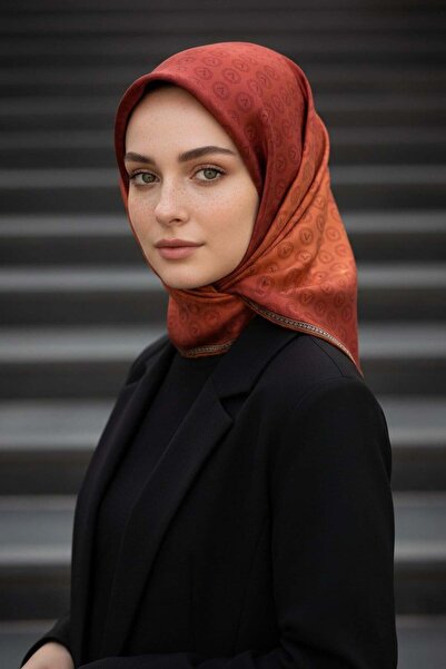 Vissona وشاح من الحرير التويل بنسبة 100% بنمط مونوجرام بلون أسمر مقاس 90 × 90...