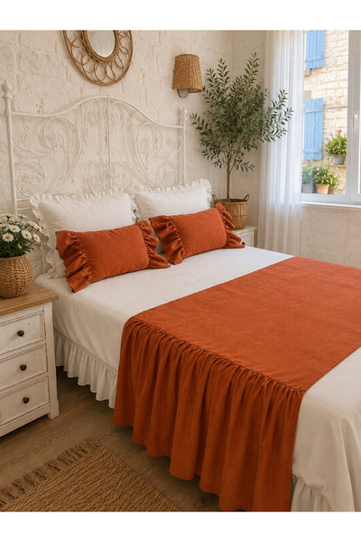 Decamor home Tile Ruffle Bed Runner and Stuffed Throw Pillow Set Double Size ...
