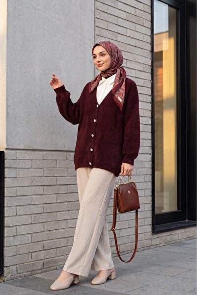 Modamorfo Buttoned Front Bearded Casual Knitwear Cardigan - Burgundy