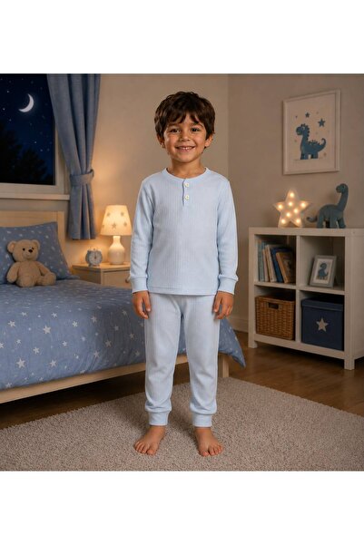 Fil Kids Dečački 100% pamučni rebrasti zimski pidžama set sa ledeno plavim ov...