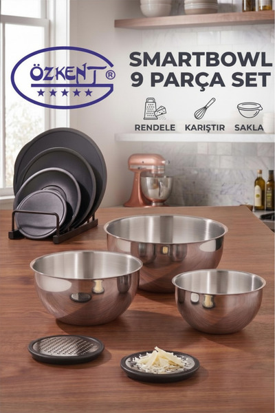 Özkent SmartBowl 9 Parça Paslanmaz Rendeli Karıştırma ve Saklama Kabı (16-20-...