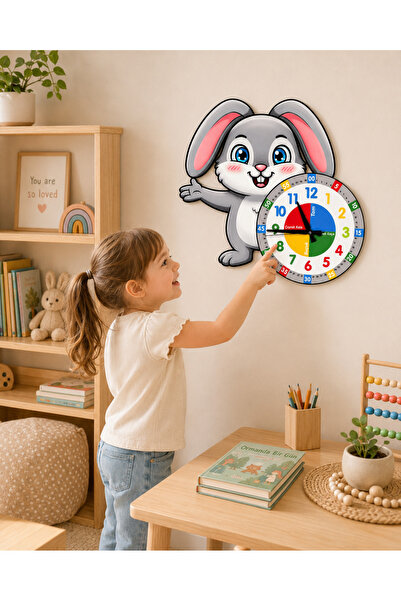 karbonsoft Sevimli Bunny Tavşan Montessori Çocuk Odası Eğitici Ahşap Duvar Saati - Sessiz Mekanizma, Şık