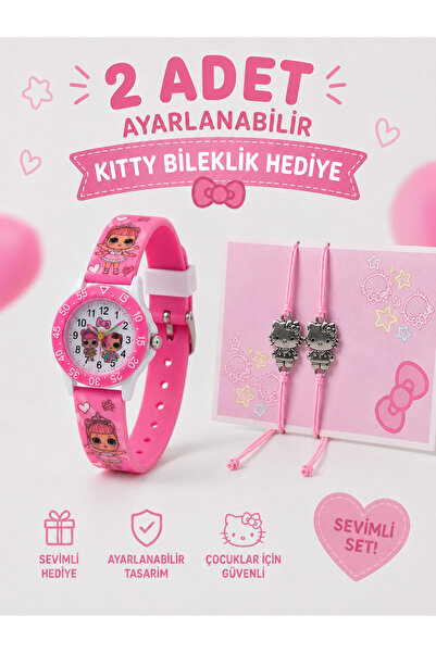 Ct Çocuk Kol Saati + 2 Adet Ayarlanabilir Kitty Bileklik Hediyeli – Pembe Fig...