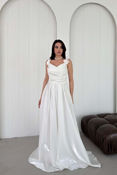 Serica Moda Beyaz Çiçekli Askılı Drapeli Eteği Pileli Uzun Abiye Elbise