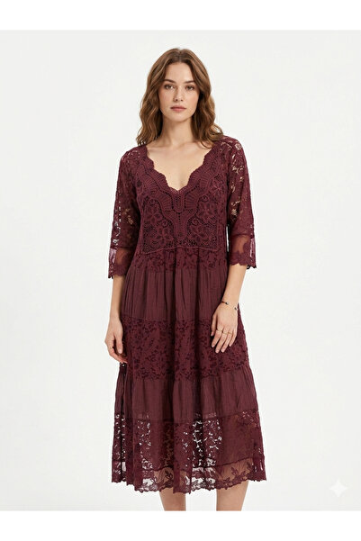 della moor Burgundy Italian Lace Short Sleeve Lined Long Silk Dress 40 - 46 Size