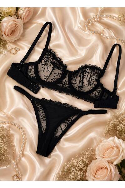 dem merys Black Floral Print Underwire Bra Set