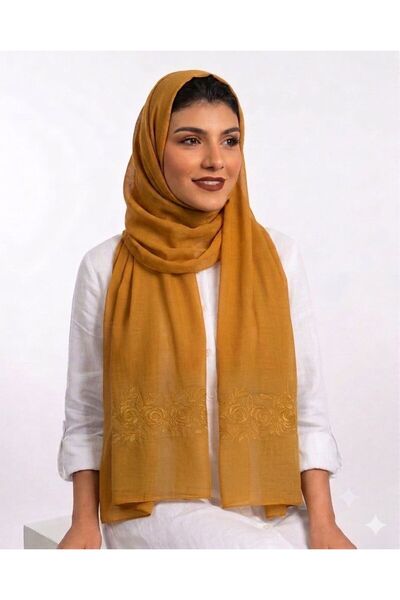 Veil Designer طرحه بوال Mustard Yellow بنطريز الورد الجوري علي الطرفين قماش ي...