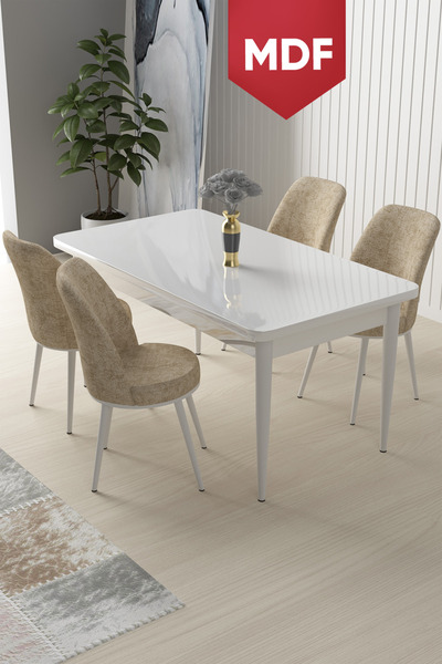 Canisa Concept Nil Serisi 70x110 Sabit Mutfak Masası Takımı Beyaz Masa 4 Krem...