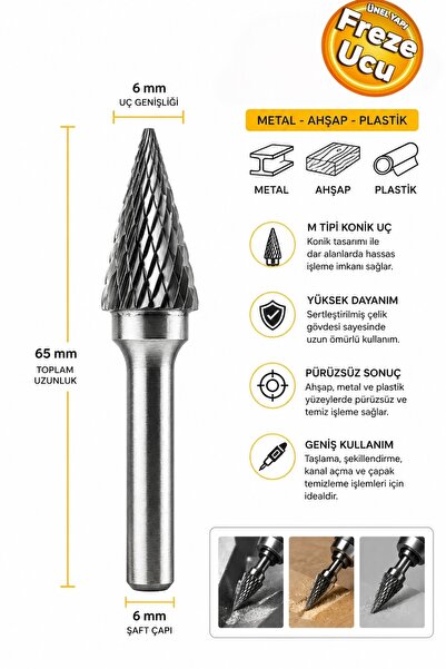 GFB GFB3255 M Tipi Freze Uç Metal Ahşap Plastik Konik Sivri Törpü Kalıpçı Mat...