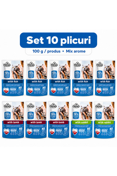 FRENDİ Cat, hrana umeda pentru pisici, Set 10 plicuri, Mix Peste, Miel, Iepur...