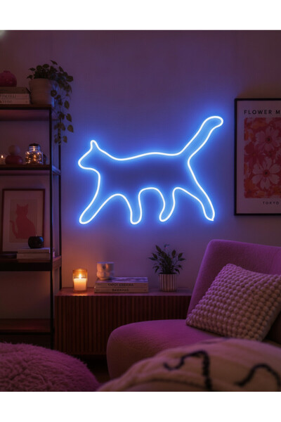 STUDYO YORA Kedi Figürlü LED Neon Duvar Tablosu | Mavi Aydınlatmalı Modern De...