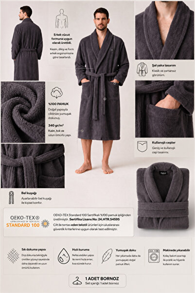 Ellaline Men's Bathrobe 100% Cotton Certified Şalyaka 1 Piece, Bathrobe / Anthracite Bathrobe
