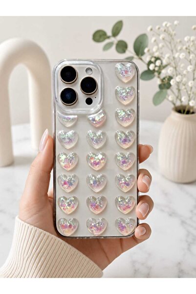 shop Iphone 14 Pro Max Uyumlu 3d Kabartmalı Simli Kalp Detaylı Şeffaf Slikon ...