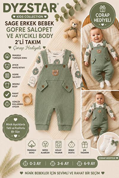 DYZSTAR Sage Green Baby Boy Gofre Salopet and Teddy Bear Patterned Bodysuit S...