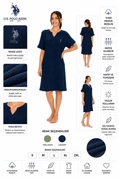 U.S. Polo Assn. Rochie de noapte de vară din țesătură de muselină, confortabi...