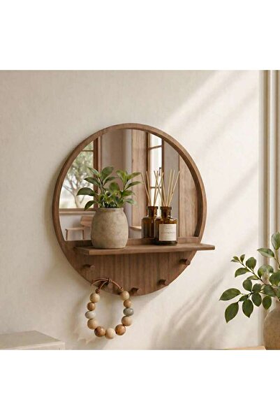 PAN HOME Covet Wall Shelf With Mirror And Hooks 40x9x40cm - Brown