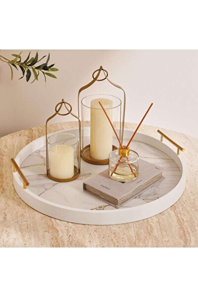PAN HOME Berg Marble Design Decor Wooden Tray 50cm Round - White