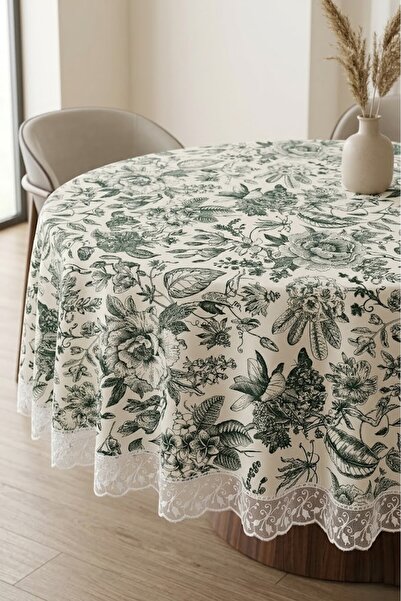 Rona Home Στρογγυλό τραπεζομάντιλο με κορδόνια και σχέδιο πράσινων φύλλων, πο...