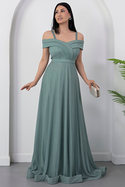 PULLIMM Rochie de seară lungă din tul cu sclipici cu bretele 13278