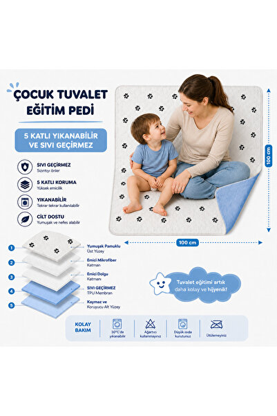 CDE Desenli Çocuk Tuvalet Eğitim Pedi 100x100 cm 5 Katlı Yıkanabilir Sıvı Geç...