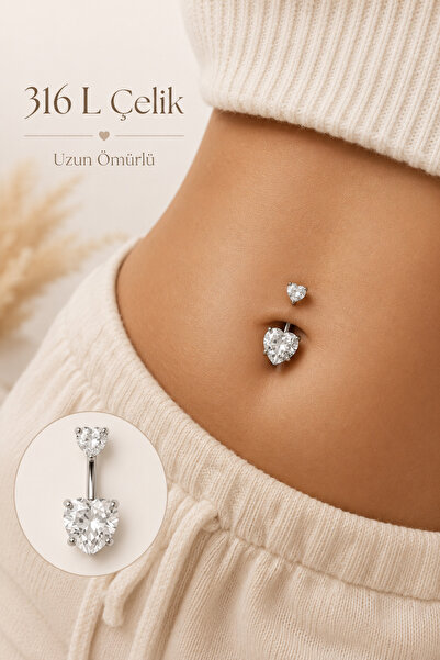 Sacce Scarves&Accessories Çelik Kalp Model Tektaş Göbek Piercing Gümüş Renkli