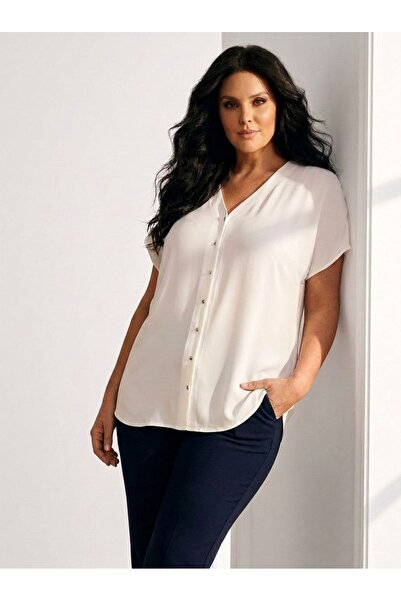 Hanezza Büyük Beden Kadın Yarım Kol Şık Bluz - Hanezza Plus Size Koleksiyonu