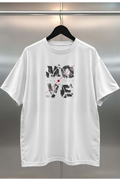 buzagi tasarım ürünleri Move Digital Print Oversize Unisex White T-Shirt