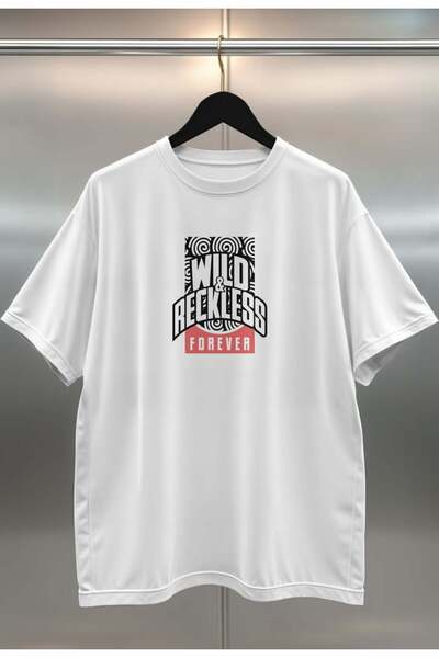 buzagi tasarım ürünleri Reckless Digital Print Oversize White Unisex T-Shirt