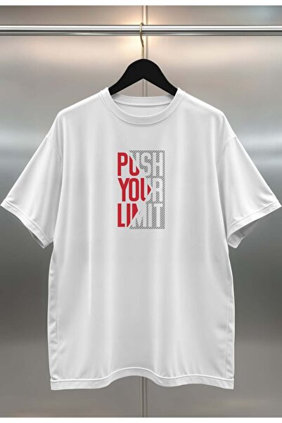 buzagi Push Your Limit Digital Print Oversize Unisex White T-Shirt
