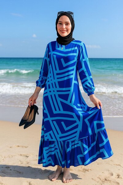 Generic Brand فستان HAFSA من القطن والفسكوز للنساء باللون الأزرق مع أكمام مطا...