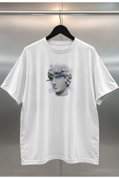 buzagi tasarım ürünleri Sculpture Digital Print Oversize White Unisex T-Shirt