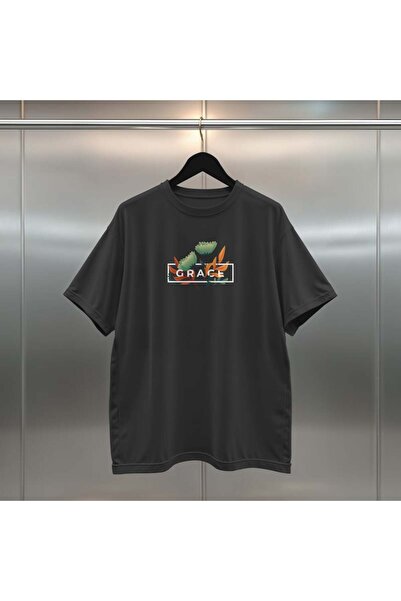 buzagi Grace Oversize Digital Printed Black T-Shirt