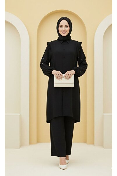ALYA طقم جالا تاكوم نسائي من قماش أيروبين باللون الأسود مع تفاصيل لؤلؤية، طقم...