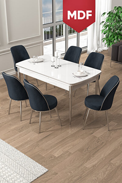 Canisa Pale Serisi 80x132 MDF Açılabilir Beyaz Mutfak Masa Takımı 6 Antrasit ...