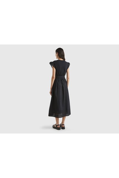 United Colors of Benetton Black Midi Dress with Lace Butterfly Sleeves for Women