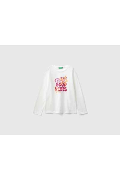 United Colors of Benetton تي شيرت بناتي بأكمام طويلة ورقبة دائرية وطبعة