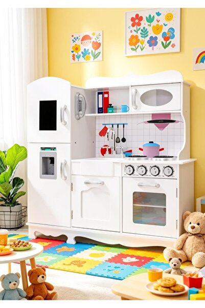 My modern game Large Real Wood Play Kitchen Set for Kids with Fake Water Disp...