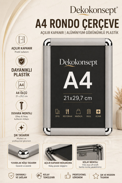 Dekokonsept A4 Rondo Çerçeve - Afiş Çerçevesi - Belge Çerçevesi - Açılır Kapa...