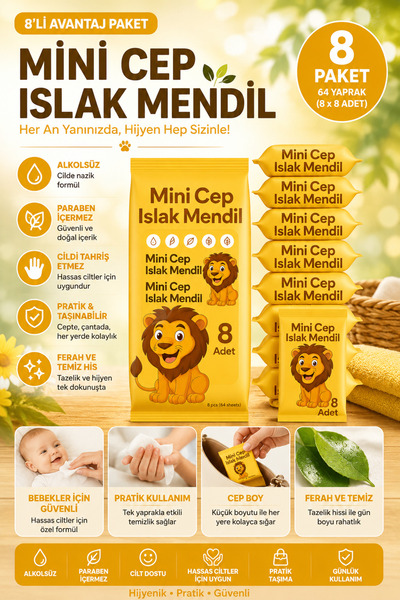 ANI OFİS KIRTASİYE A K Mini Cep Islak Mendil 8'li Paket | Aloe Veralı | Alkol...