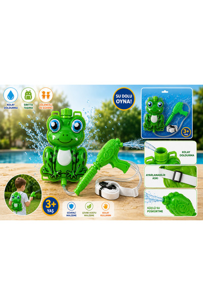 NeUygun Sırt Çantalı Su Tabancası Pompalı Özel Hazneli Su Tüfeği 1000 ml Frog...