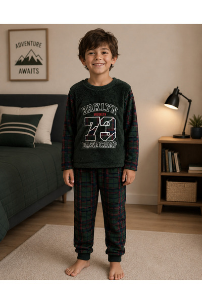 Fil Kids Green Brooklyn 73 Printed - Set de pijamale de iarnă din lână cu mân...