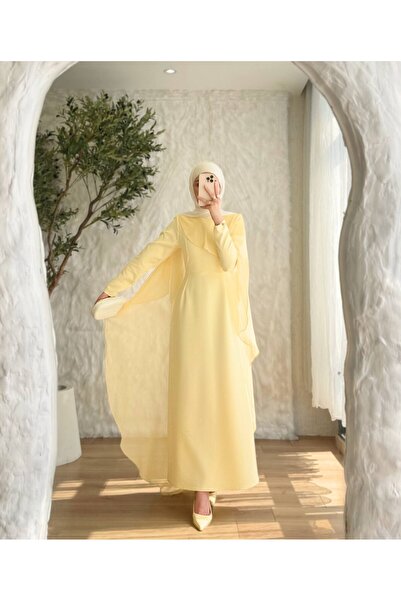 Mava Lady Kadın Sarı Pelerin Detaylı Şık Elbise